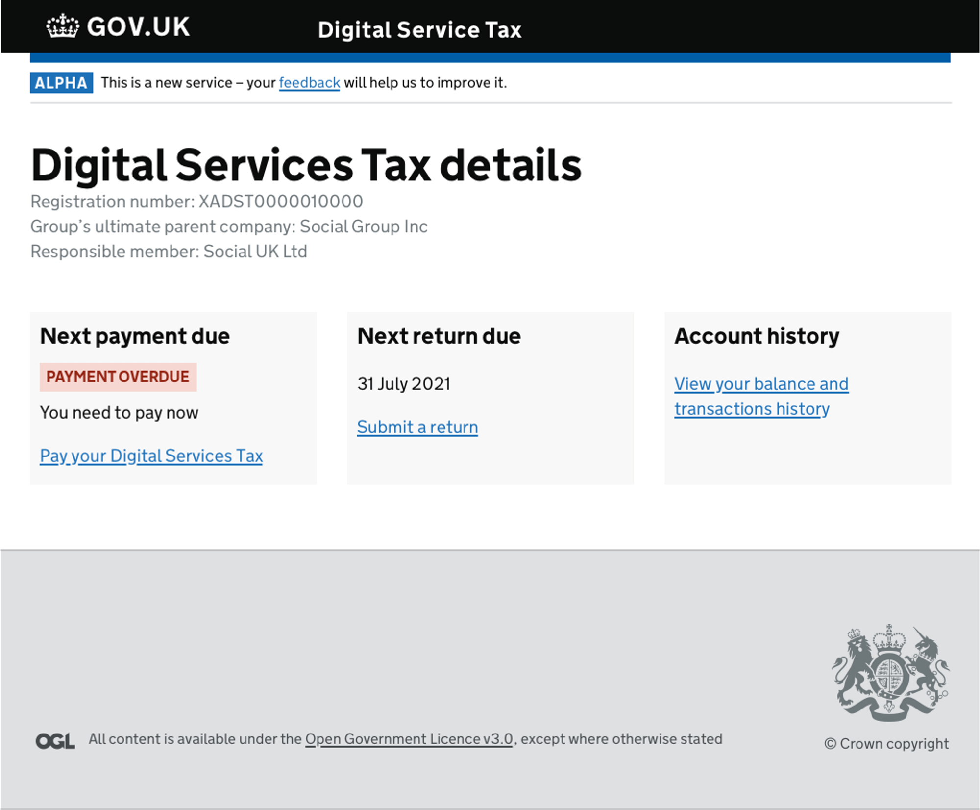 A screen for the account homepage of the digital services tax.