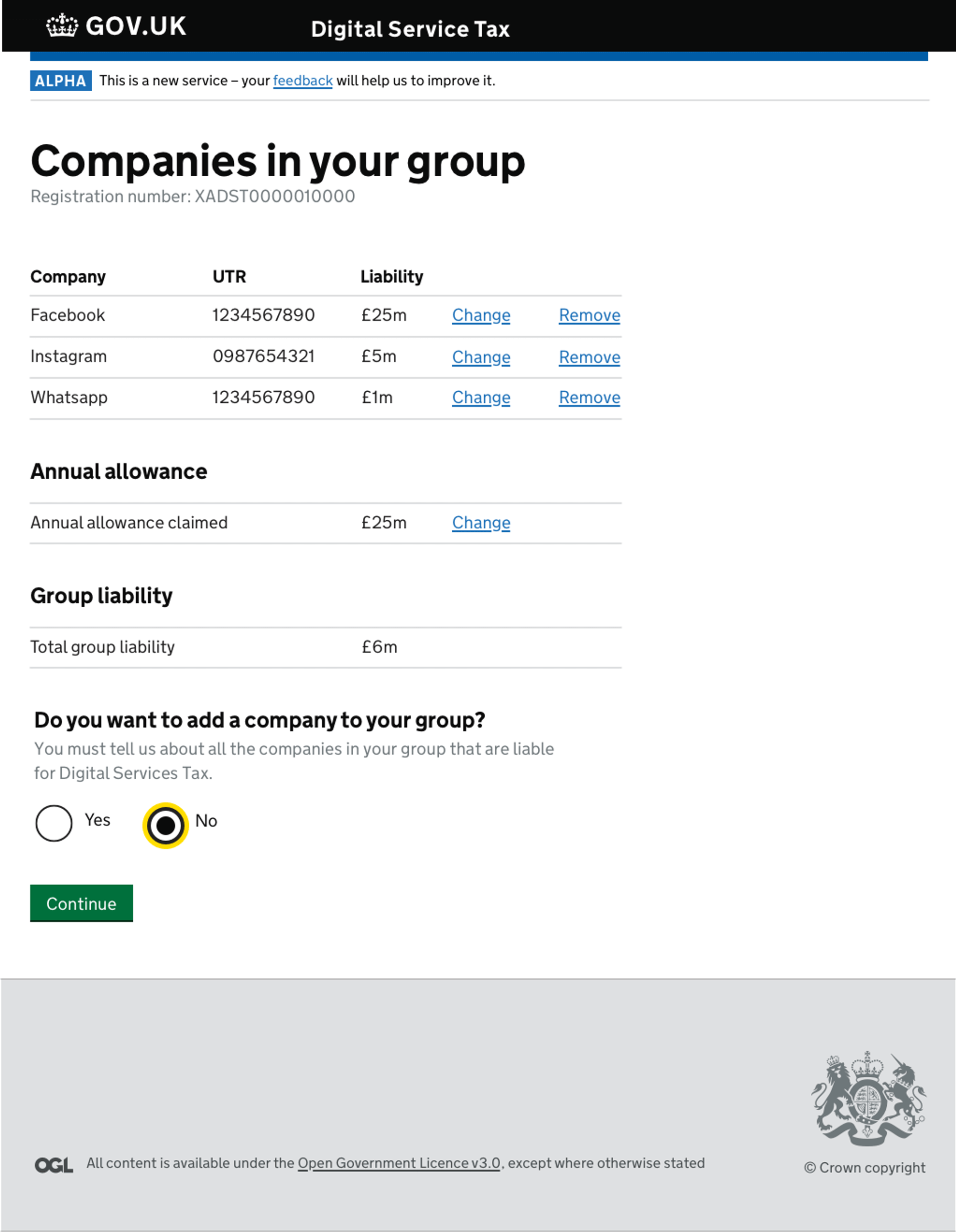 A screen showing a list of companies within a group who are liable to pay the digital services tax.