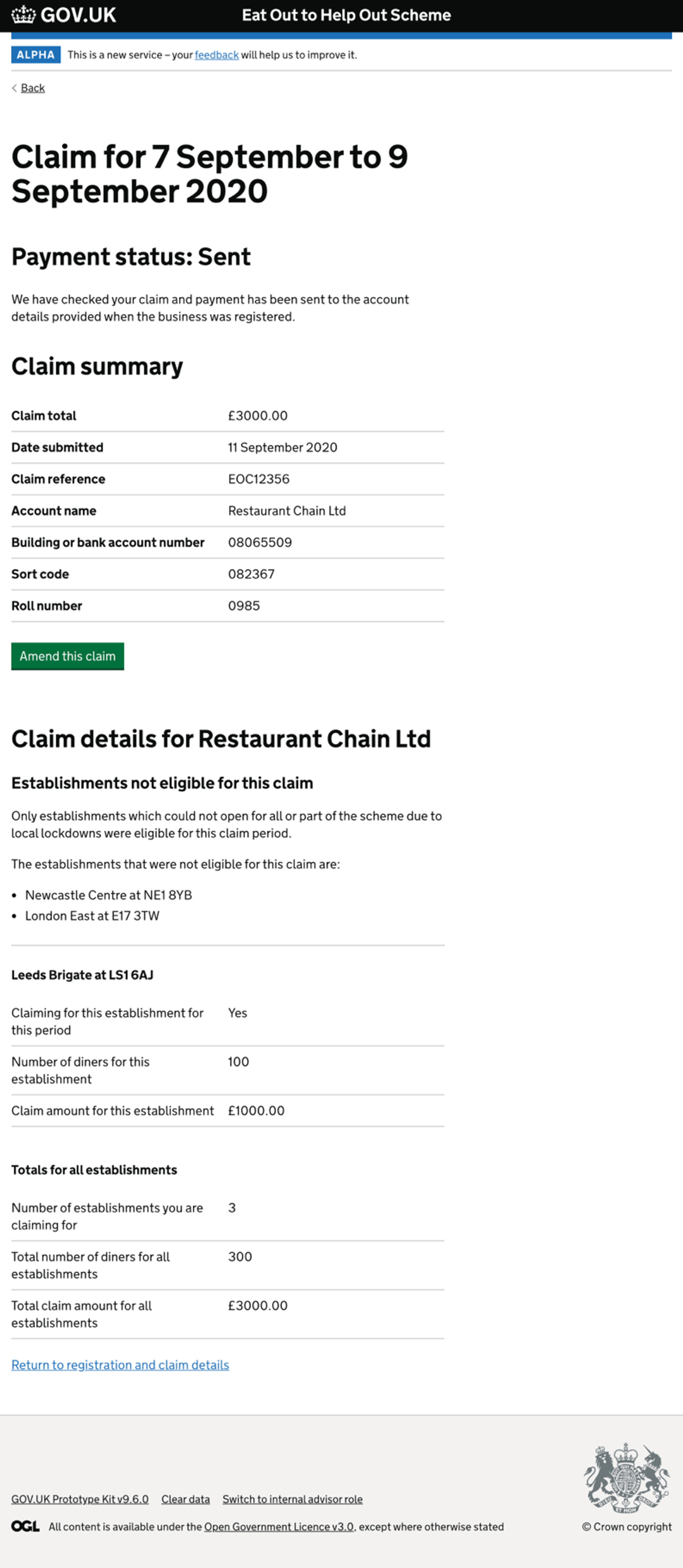 An image of a screen displaying a claim summary for the Eat Out to Help Out service.