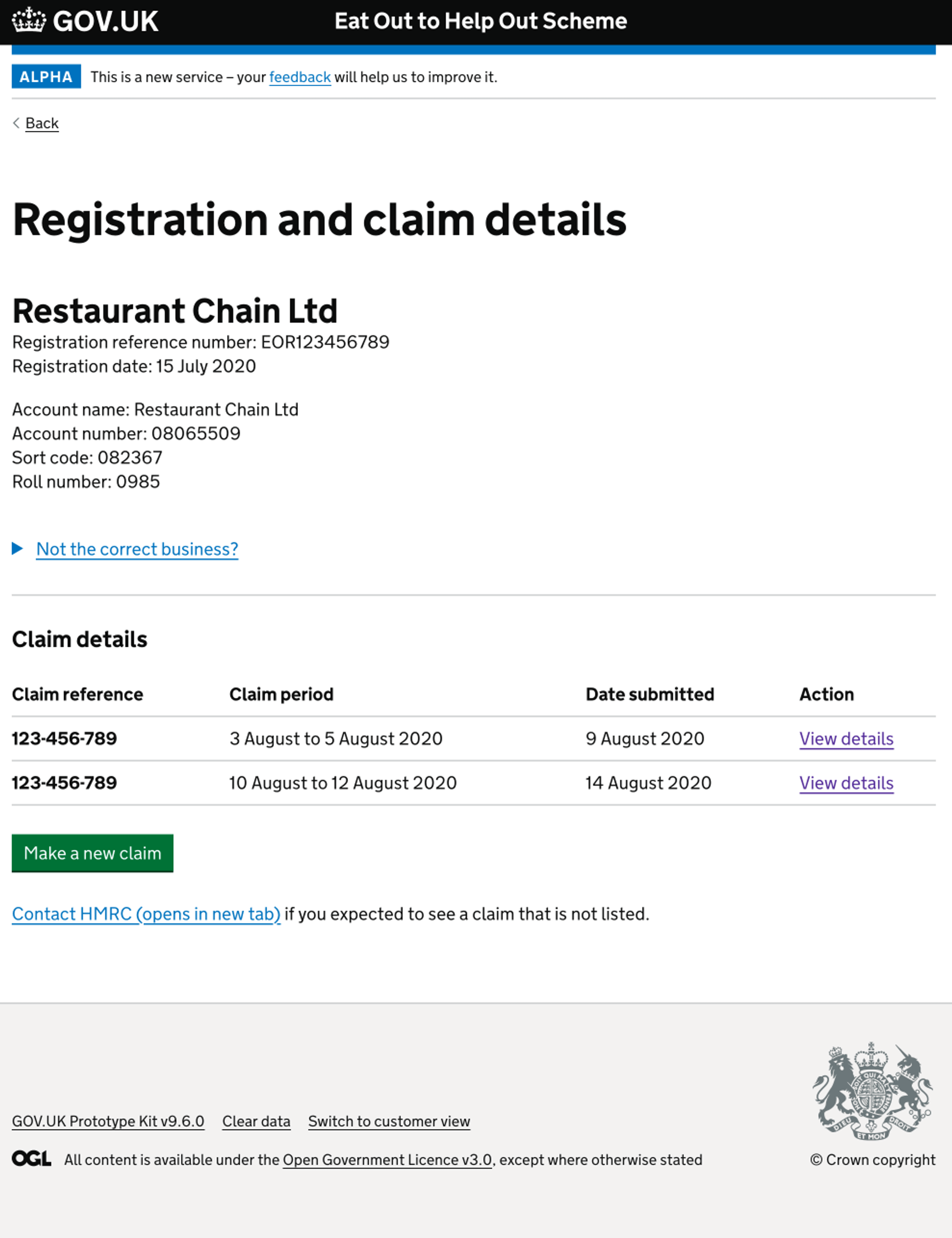An image of a screen displaying the registration and claim details for the Eat Out to Help Out service.
