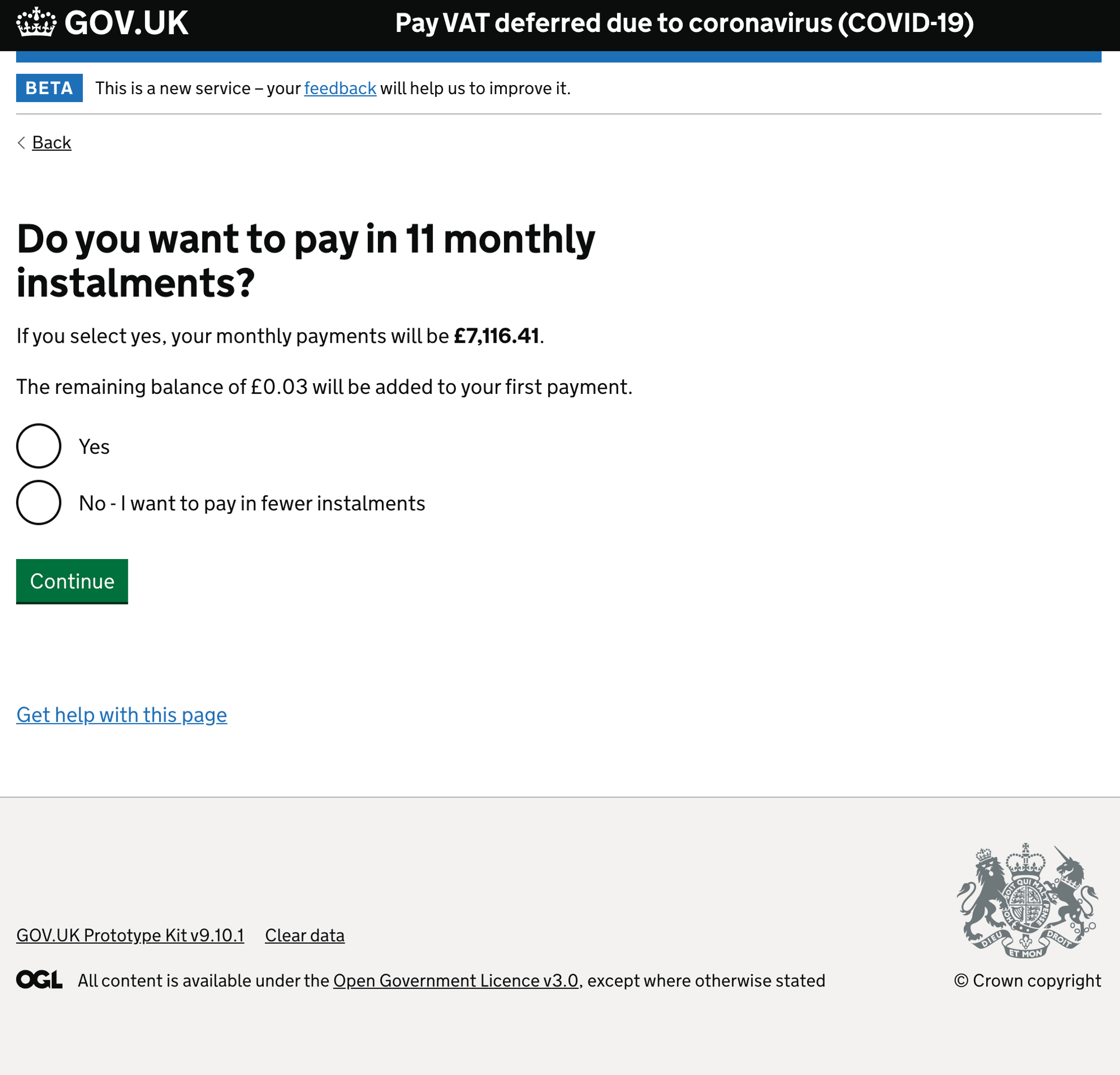 An image of a screen for the Pay VAT deferred due to coronavirus (COVID-19) service showing a customer choice to pay over an 11 month period.