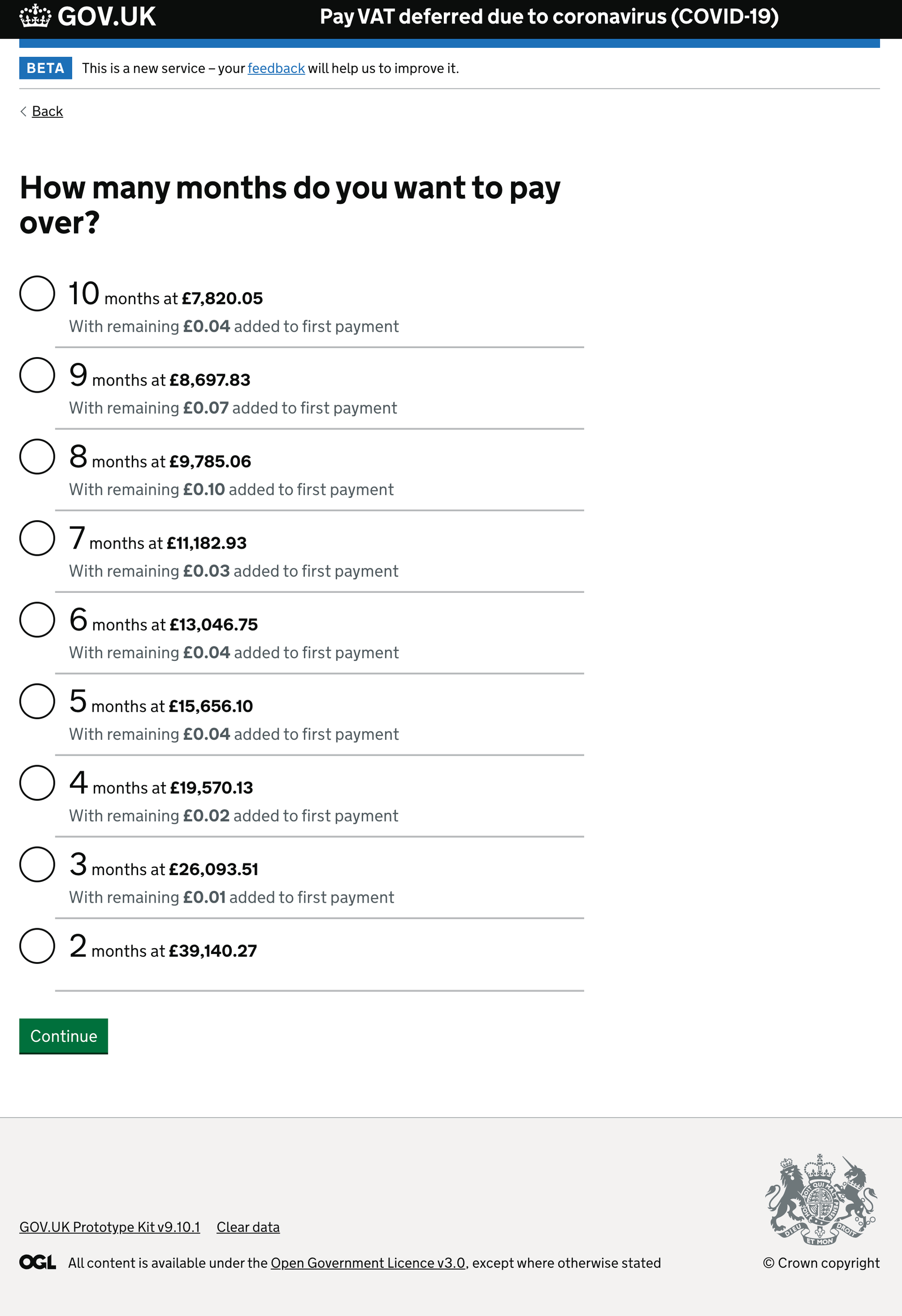 An image of a screen for the Pay VAT deferred due to coronavirus (COVID-19) service showing the number of months in which payments can be paid over.