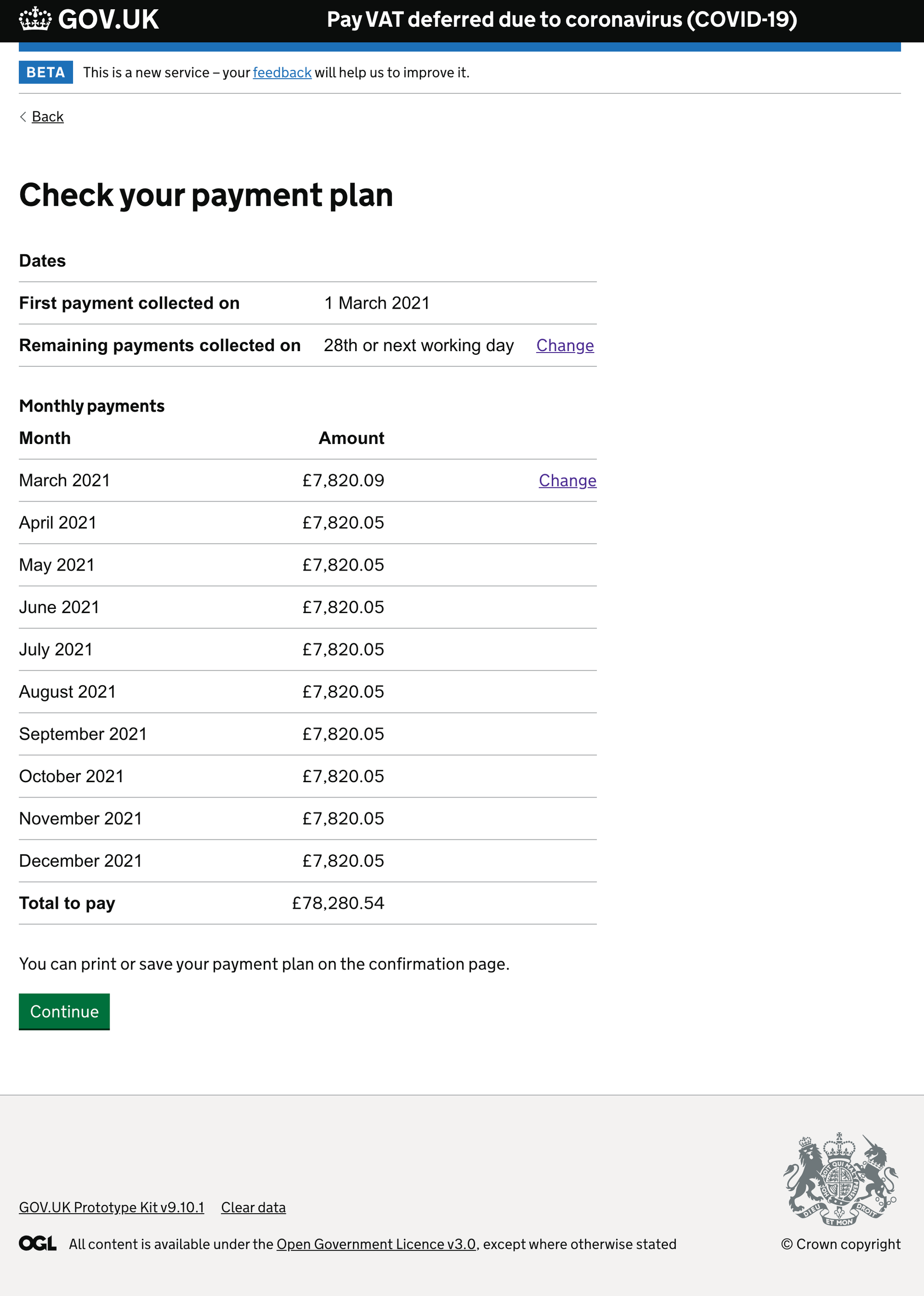 An image of a screen for the Pay VAT deferred due to coronavirus (COVID-19) service showing a proposed payment plan.