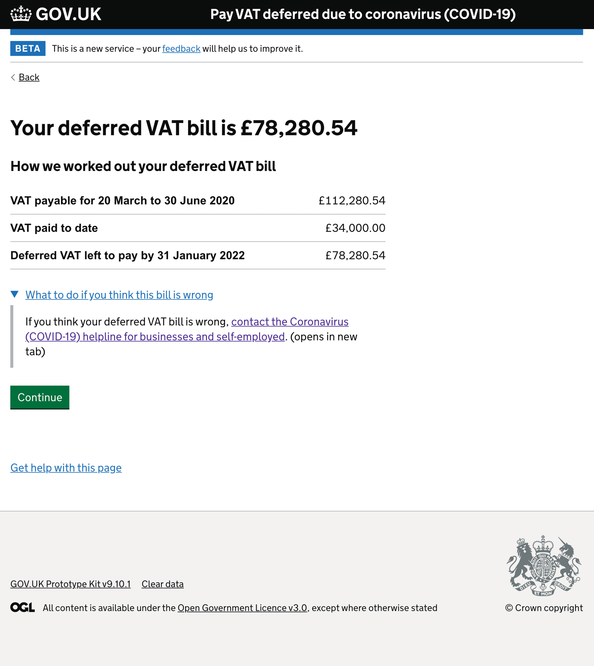 An image of a screen for the Pay VAT deferred due to coronavirus (COVID-19) service showing a bill total.