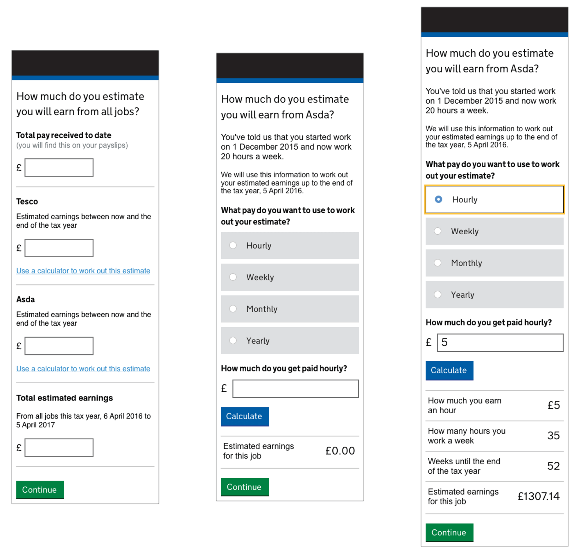 A screenshot of the tax credits service showing mobile layouts for calculating income.