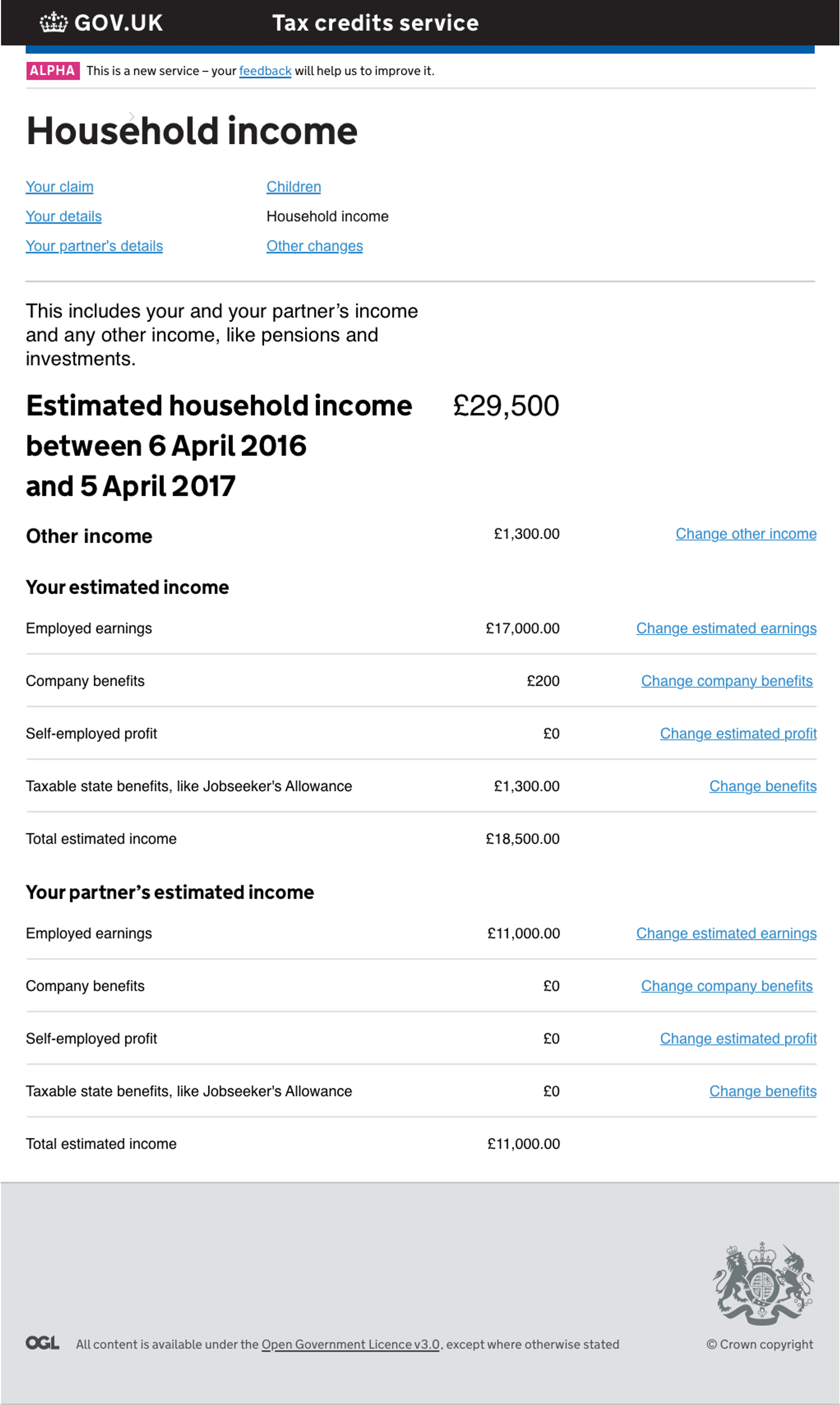 A screenshot of the tax credits service household income screen.