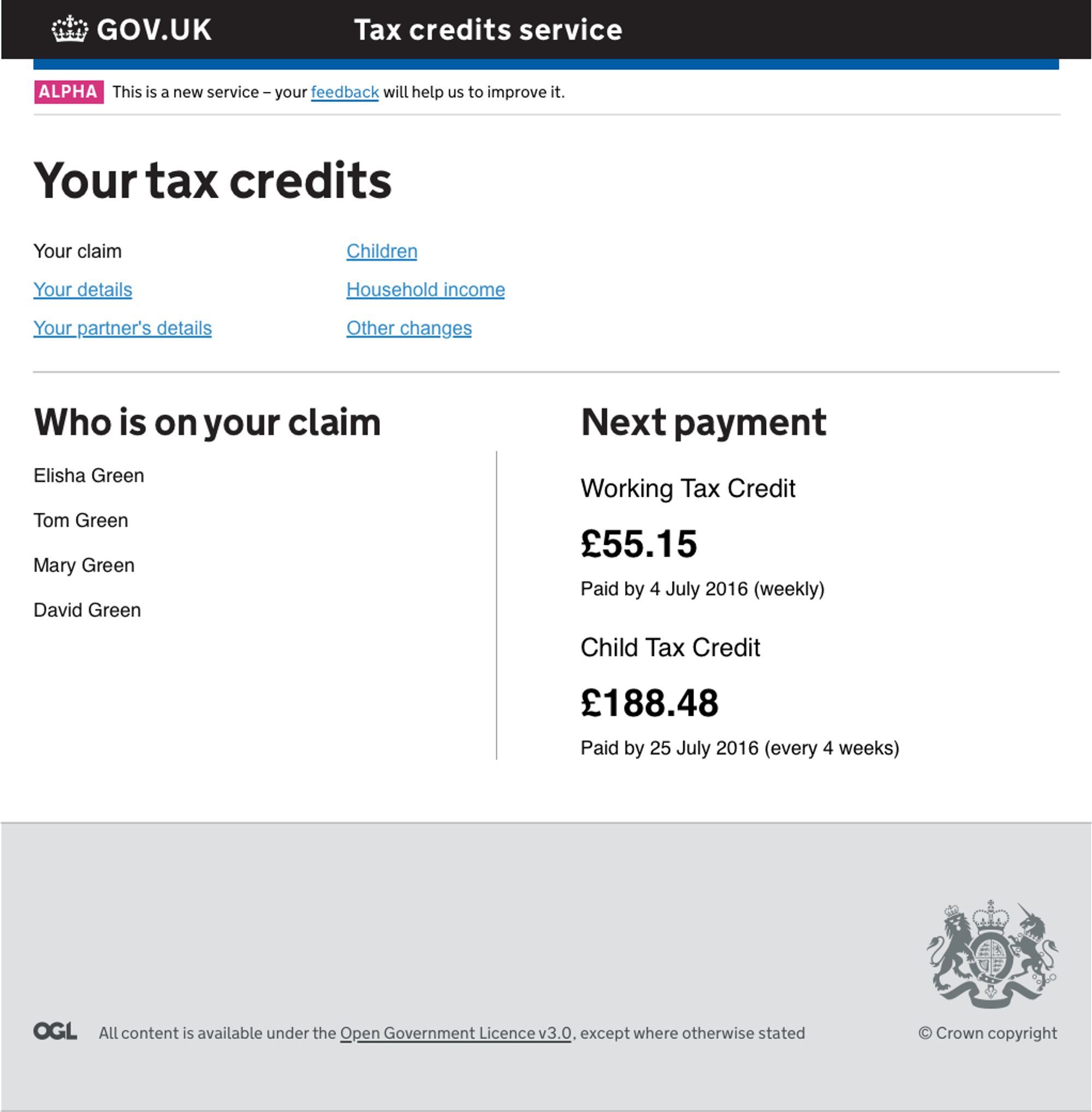 A screenshot of the tax credits service home screen.